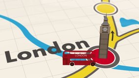 The road map destination point - Big Ben with Red bus, London. 4K video animation. - Powered by Shutterstock - Get 15% off with code: PIKWIZARD15