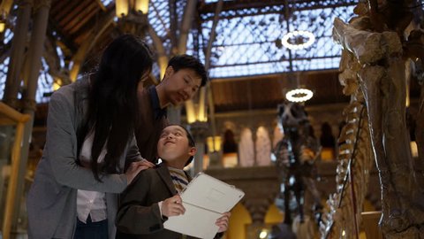 4K Young Asian family in museum pose to take a selfie with computer tablet