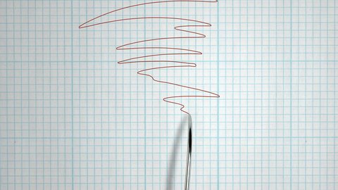A closeup animation of a polygraph lie detector test needle drawing a red line on graph paper on an grid white background