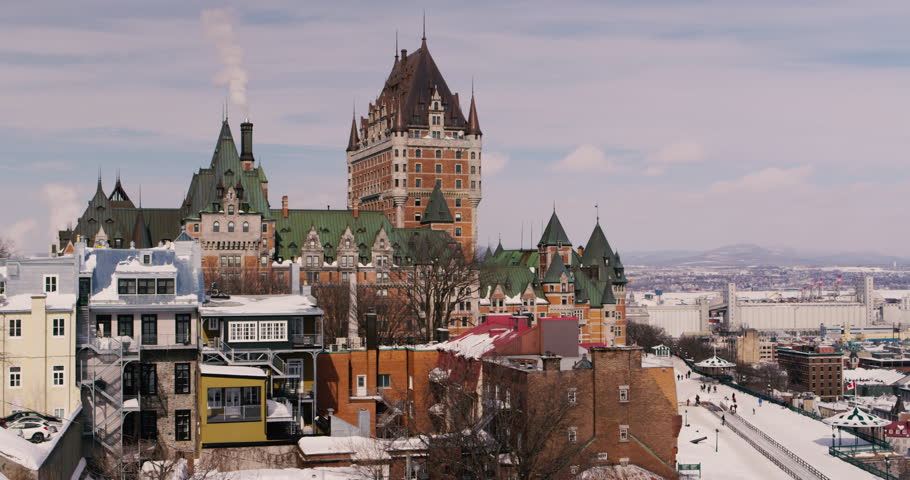Pan of Quebec City and Saint Lawrence River during winter