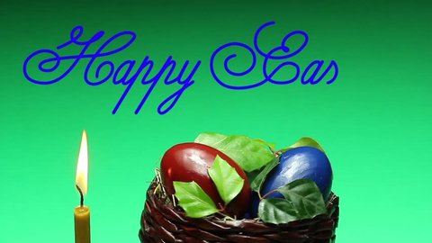 Gradient green background. Easter basket with colorful eggs. Gradual appearance of the handwritten inscription blue color " Happy Easter"