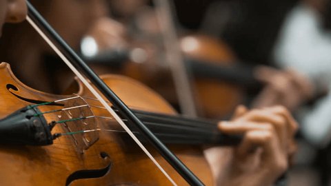 Female fiddlers duet play the fiddles in front of sheet music closeup indoors Philharmonic Society. Double melody expression of stringed bowed musical tool close up. Symphonic orchestral sound concept