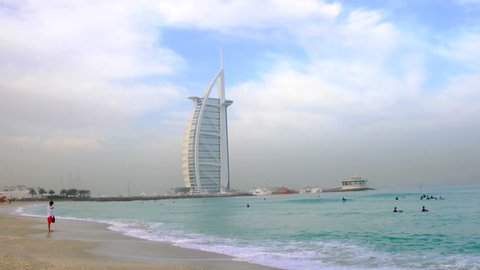 Jumeirah Beach and the Burj al Arab Hotel, the World's only seven star hotel  on March 22, 2017 in Dubai, United Arab Emirates.