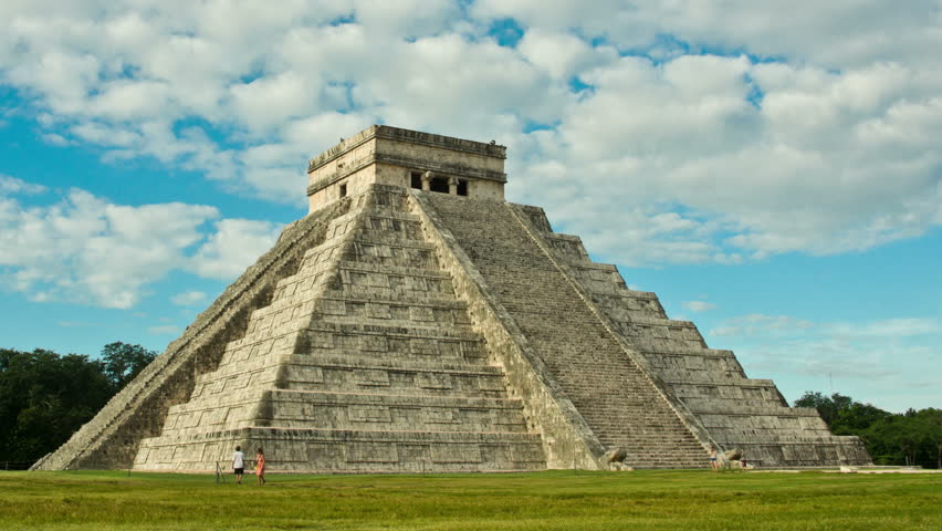 Time-lapse of the mayan ruins. Pyramid in Chichen Itza, Temple of Kukulkan. Yucatan, Mexico