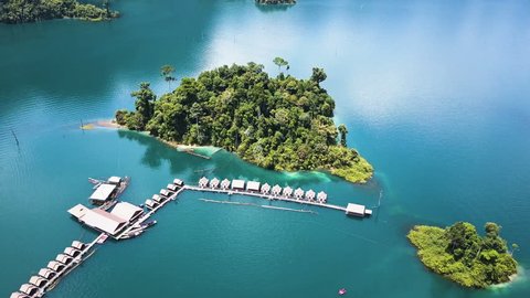 Aerial panorama view on Cheow Lan Lake, Khao Sok National Park in southern Thailand, 4k