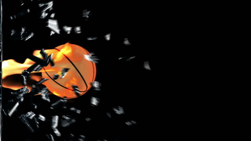 Basketbal on fire breaking glass with Alpha