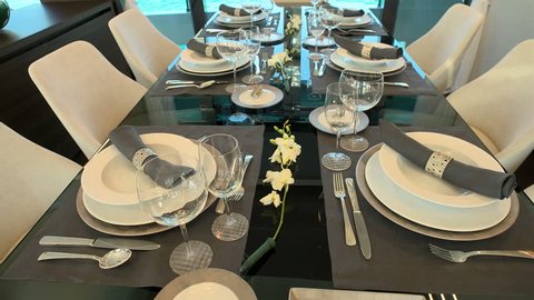 Table set for lunch in the salon of a luxury yacht

