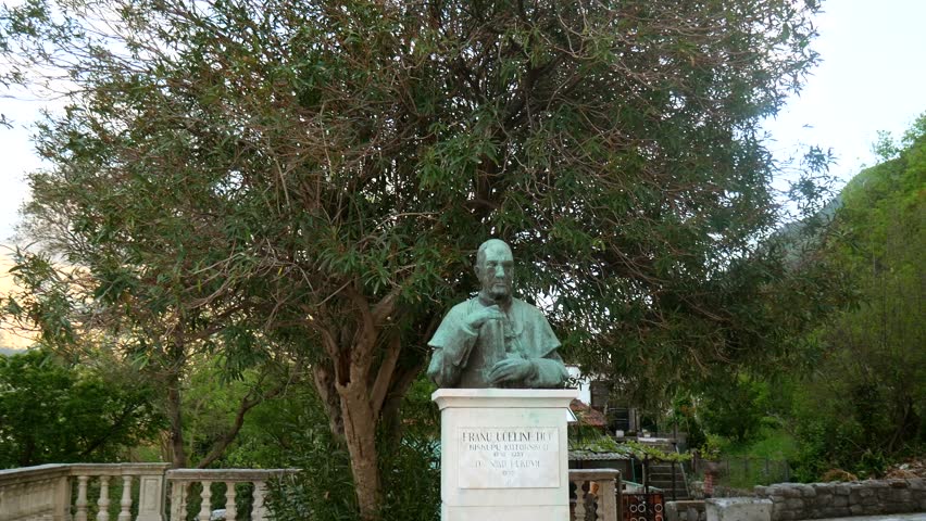 Ancient statue on the territory of the Church of the Nativity of Our Lady in Prcanj, Montenegro