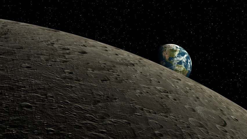 Moon earth reveal. Flyover moon revealing Earth in background. High detailed