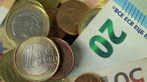 Money euro coins and banknotes stock footage.