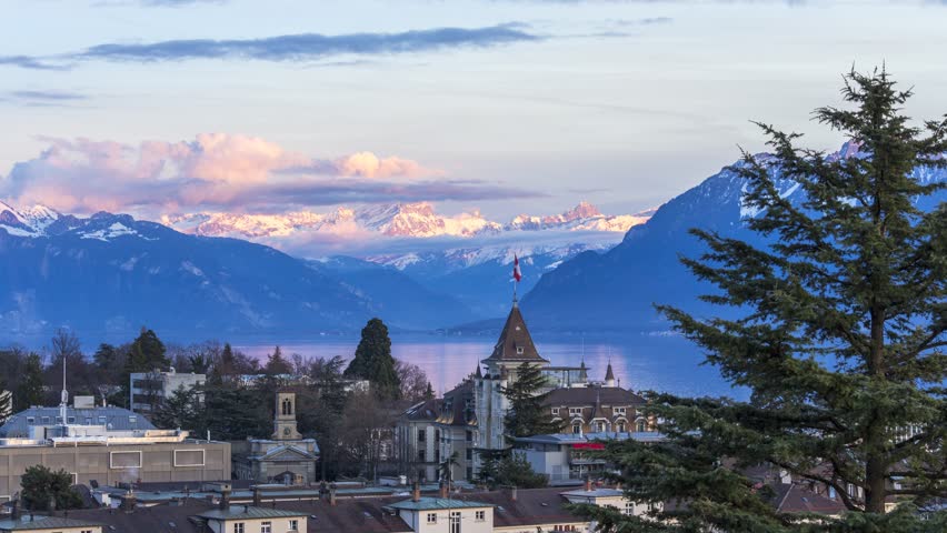 Geneva lake, East View on Alpes from the top of Botanical Garden, Lausanne -Switzerland