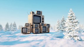 heap of retro, antique tv on the winter, snow landscape. Realistic 4k animation.