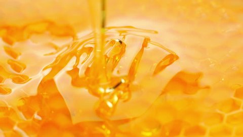 Close-up of honey dripping. Pouring honey on honeycomb. 