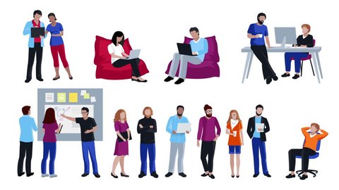 Coworking people colored isolated icons set with creative freelancers meeting together in coworking center available in 4k UHD FullHD and HD 3d video animation footage