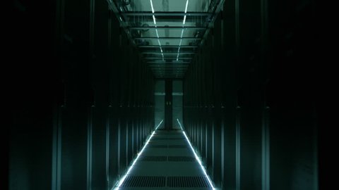 Rows of Rack Servers Turning on in Big Data Center. Shot on RED EPIC-W 8K Helium Cinema Camera.