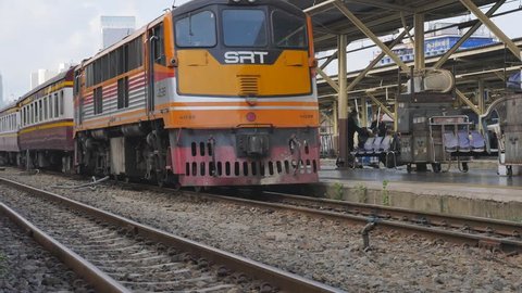 BANGKOK, THAILAND - MARCH 26 2017 : Train leave from Bangkok railway station platform
