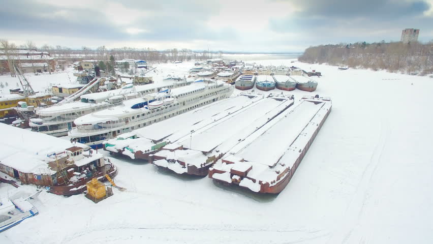 Old barges in the backwater aerial view