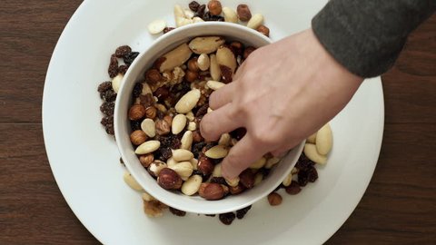 A closeup shot of a couple eating a bowl of mixed nut and raisins trail mix which is a healthy vegetarian snack.
