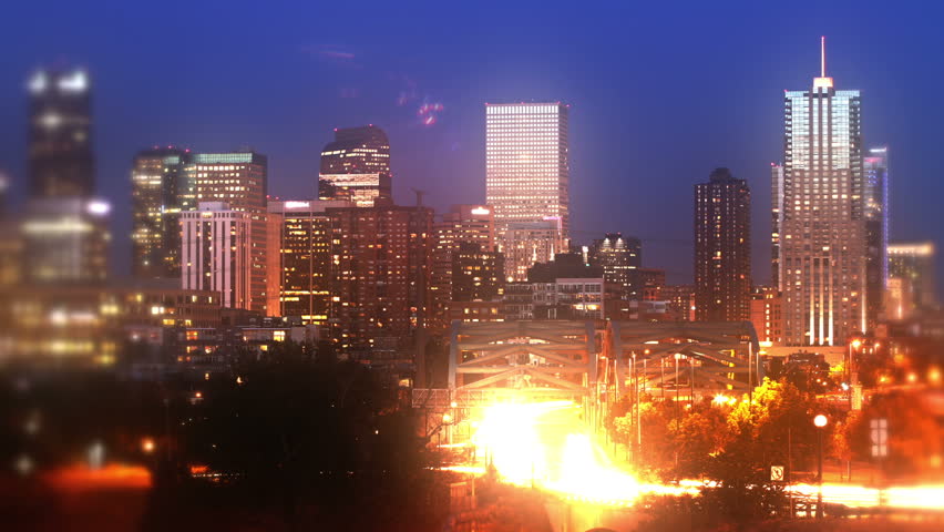 Dream-like view of downtown Denver, Colorado at dusk. HD 1080p time lapse.