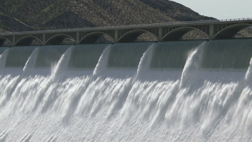 The famous Grand Coulee Hydroelectric Dam with spillway in full flow, Columbia