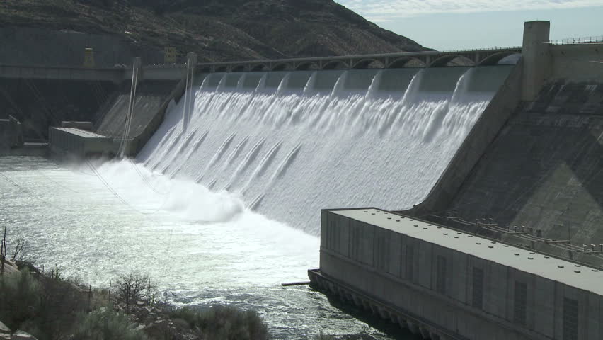 The famous Grand Coulee Hydroelectric Dam with spillway in full flow, Columbia