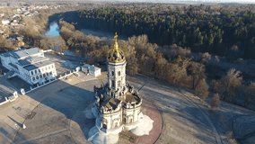 Aerial view of the Church of The Holy Virgin in Dubrovitsy village, Podolsk region, Russia