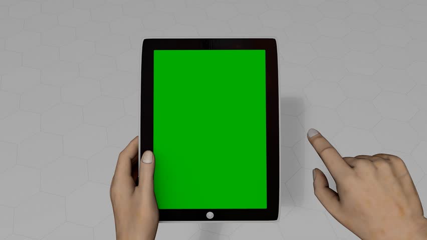 Tablet pc hand gestures, alpha matte, green screen included.