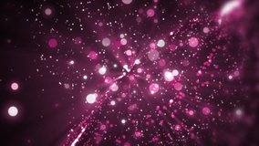 Space purple background with particles. Space pink dust with stars on black background. Sunlight of beams and gloss of particles galaxies.