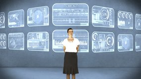 Digital composite video of businesswoman using digital interface screen