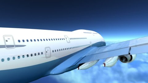 Airplane flying over clouds, 3d animation