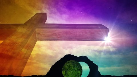 Easter Resurrection Sunday Motion Background Featuring Large Wooden Cross And Open Tomb.