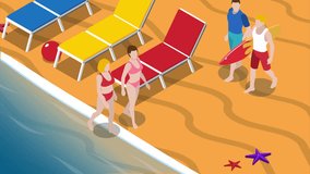 Friends on the beach and in park scenes set with isometric people available in 4k UHD FullHD and HD 3d video animation footage