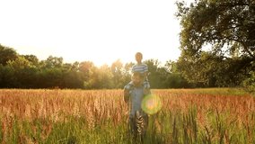 Little son sits on shoulders of daddy while walking in beautifull landscape. Family having fun outside in meadow in sunset sunlight. Real time full hd video footage.