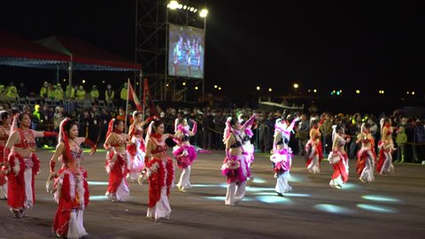Miaoli, Taiwan-11 February, 2017: 4K Beautiful asian ladies are dancing a belly dance on stage at event in the night. Group enjoying the ceremony wearing beauty exotic and sexy drees. -Dan