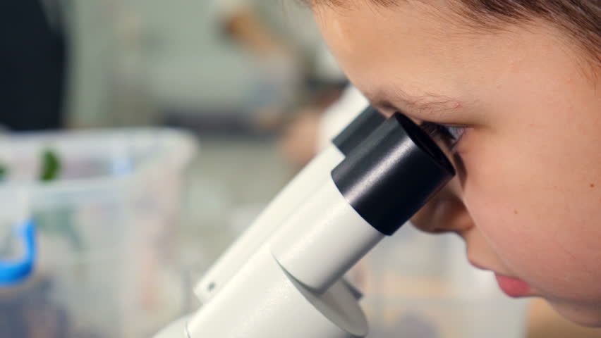 Close-up. Children looking into microscope, studing biology, chemistry in school laboratory. School science concept.