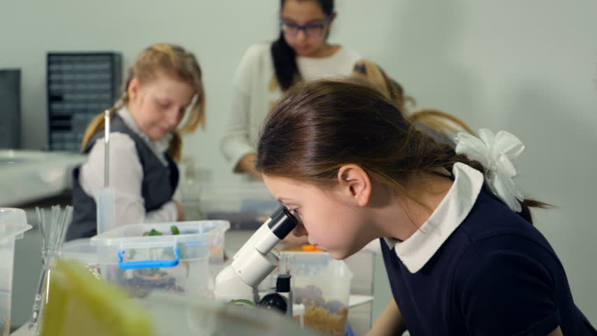 Children studing biology, chemistry in elementary school biology class. Looking into a microscope.