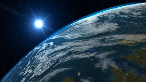 A big, filmic blue planet Earth with sun and stars in background. This clip uses very high resolution texture mapping, with separate cloud and atmosphere layers. NTSC version also available.