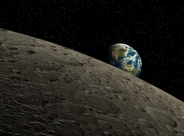 Flyover moon revealing Earth in background. High detailed texture mapping. HD