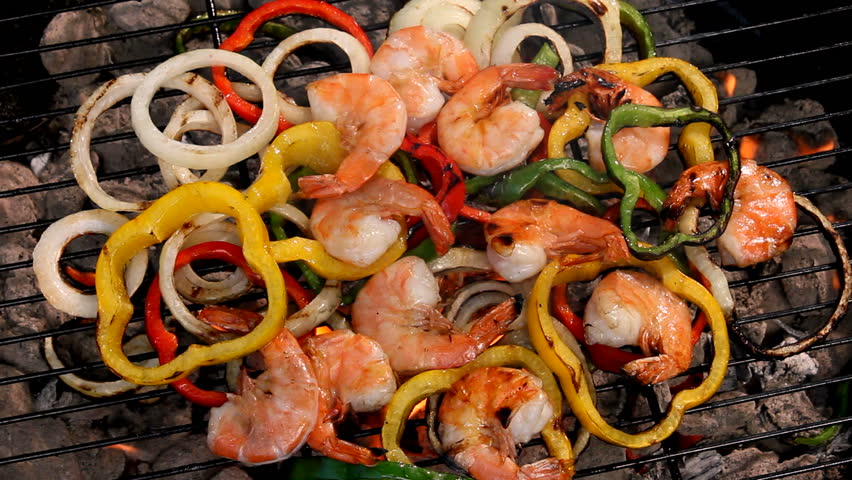 shrimp and vegetables on grill