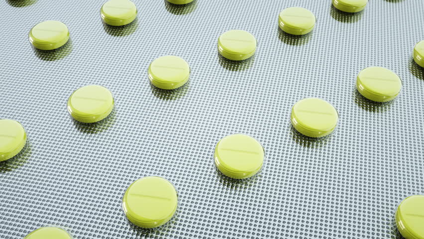 tablets and pills packed. Mooving camera. Medical concept, background. Realistic 4k loopable animation.