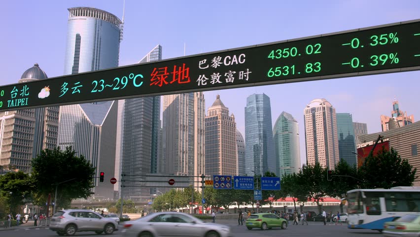 Stock market tickers financial Dow Jones index digital electronic display billboard in Shanghai, China, 4K, from RAW