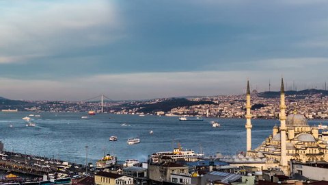tracking shot time lapse photography, traffic on Bosphorus at istanbul Turkey, shot in RAW