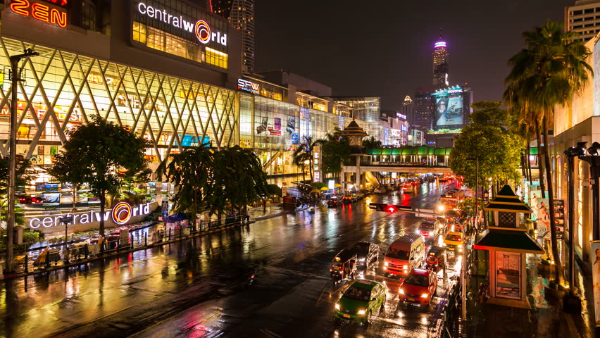 BANGKOK - 13 JULY 2012: Timelapse view of night traffic in front of Central
