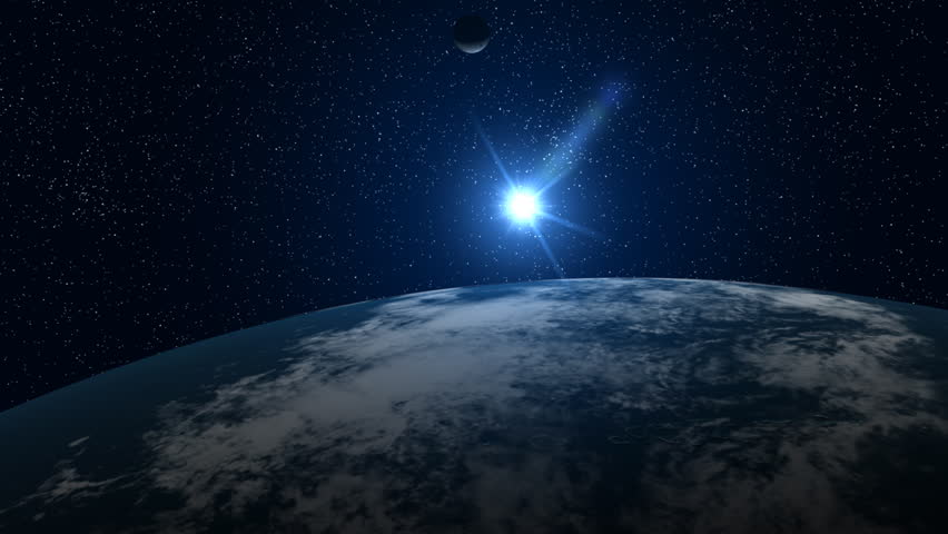 A big, filmic blue Earth with sun and stars in background. NTSC version also