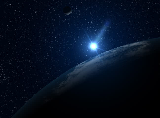 A big, filmic blue Earth with sun and stars in background. HD version also