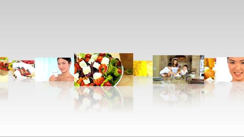 Montage 3D tablet images of healthy food being prepared and eaten by people and families