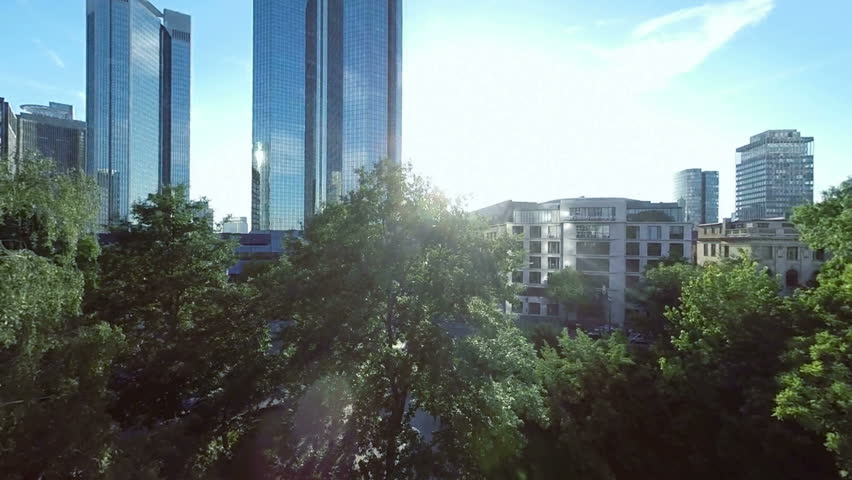 park trees and city skyline view at sunset light. succesful business prosperity concept background 