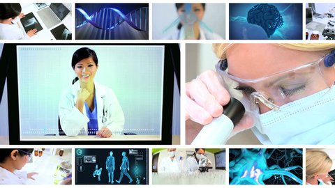 Montage images multi ethnic medical researchers using laboratory equipment with 3D computer generated graphics