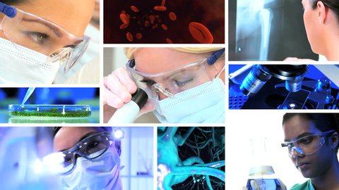 Montage images medical researchers using laboratory equipment with 3D computer generated graphics