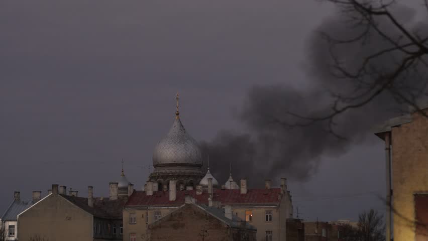 Burning church. Lot of smoke.